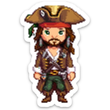 pixel art Jack Sparrow, pirate captain, simplified pirate outfit, tricorn hat, signature beard sticker