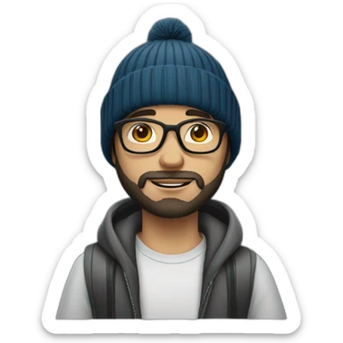 young dark-haired white man with a beanie, glasses and beard sticker