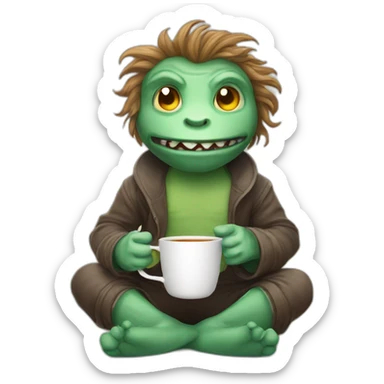 A cartoony creature sitting on floor with a cup of tea motioning  and beckoning the viewer to sit next to him sticker