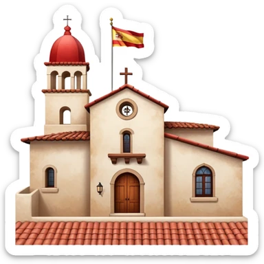 Spanish mission style house with bell tower and arches, displaying a Spanish flag (red-yellow-red horizontal stripes) hanging from a window sticker
