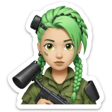 paintball player with geared face braided green hair sticker