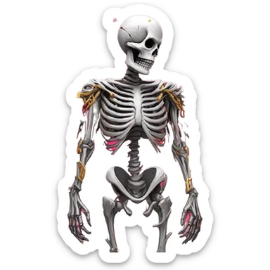 White skeleton zombie person covered in golden chains and black graffiti scribbles and red and silver doodles wings made of neon lightning snowing snowflakes sticker