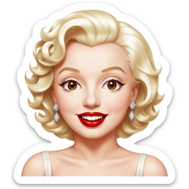 Cinematic Realistic Marilyn Monroe Emoji, featuring a glamorous, high-detail portrayal of the legendary Hollywood star. Her iconic platinum curls, radiant smile, and signature red lips are illuminated by dramatic, vintage-style lighting, evoking the timeless allure of classic cinema. sticker