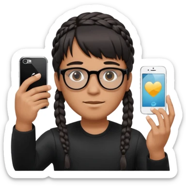 He's wearing black, left braided hair, full bangs, bangs and glasses, and taking a mirror selfie with a white iPhone sticker
