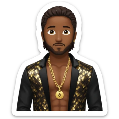 Omarion with long dark brown hair, black sequin jacket, shirtless with necklace sticker