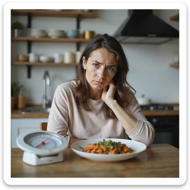 adult woman, photorealistic, diet plateau phase, sitting at table with healthy food plate, puzzled and frustrated expression, kitchen scale not moving, atmosphere of waiting, natural light, kitchen background sticker
