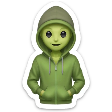 green alien in gray hoodie full height, wear hoodie hat, happy sticker