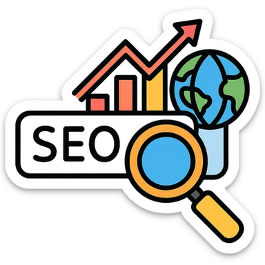 magnifying glass, upward graph, globe, search bar, modern clean style SEO related emoji sticker