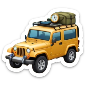 Icon for Expeditions: a compass, a map, a backpack and a rugged expedition jeep, set against a backdrop of snowy mountains, sand dunes and tropical islands. The icon should capture the spirit of adventure and exploration in diverse landscapes. Transparent background. sticker