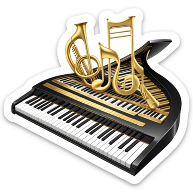 Create an elegant and festive emoji collage representing keyboard instruments, styled like a heraldic emblem. The design should feature a central focal point of black and white piano keys, arranged in a semi-circular or shield-like shape. Around the piano keys, add intertwining musical notes that form flowing ribbons, creating a dynamic and celebratory atmosphere. The design should be professional, with polished silver and gold accents on the keys and notes, highlighting the luxury and sophistication of the instruments. Add subtle shading and lighting effects to give the design a refined, 3D appearance. The background should remain transparent, and the overall feel should evoke grandeur, artistry, and a sense of celebration. sticker