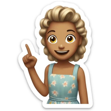 8 year old girl with buzzed hair wearing a sundress pointing and laughing at something sticker
