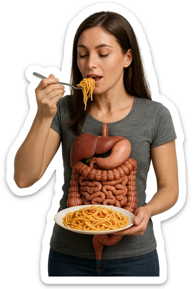 donna con intestino umano anatomico in evidenza che mangia un piatto di pasta, iperrealistico 4k sticker