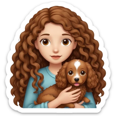A long-haired girl holding a brown curly dog sticker