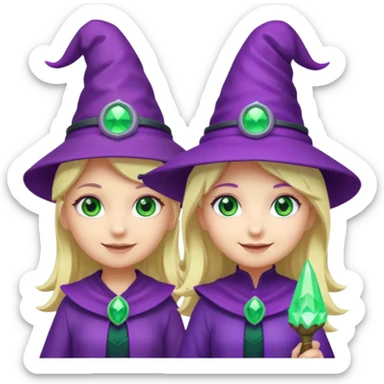 Make a blonde girl with green glowing headset on with teal eyes and a purple haired girl with green eyes waering a purple wit hes hat haveing fun , make them a chibi emoji page sticker