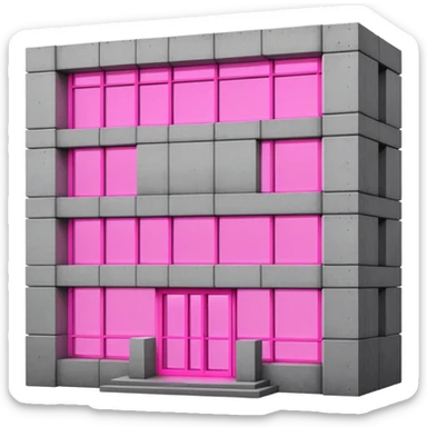 Concrete block building in brutalist style with one pink neon window and several standard windows sticker