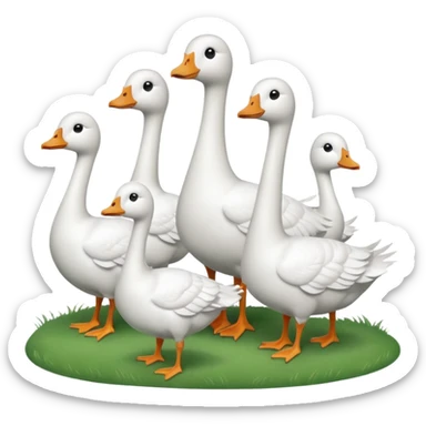 9 white geese standing on a green hill, front view, foggy, all looking in different directions, one is on the top  sticker