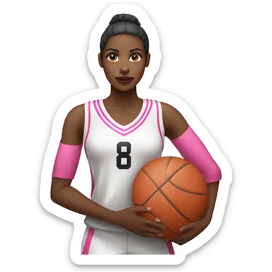 Black women with a white and pink basketball jersey on, holding a stop sign sticker