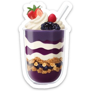 Açaí in a clear cup with layers of fruits and granola and condensed milk sticker