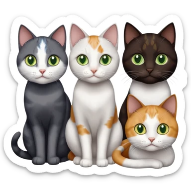 4 different coloured short haired cats including; a dark brown and white cat, and a dark grey and white, and a calico sticker