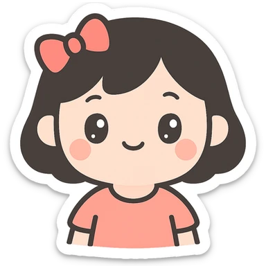 girl with white skin, short black hair, and a red bow, kawaii style sticker