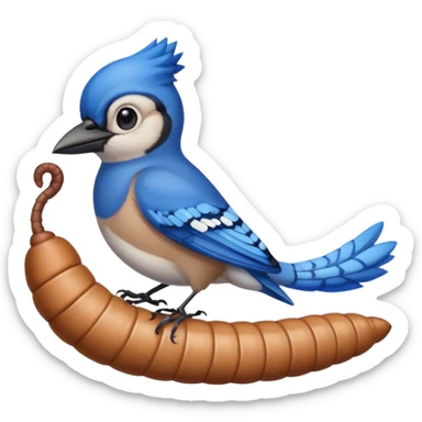 a bird jay wearing a lid, standing on a worm sticker