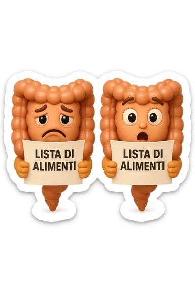 EMOJI STILE IPHONE DI UN INTESTINO CHE LEGGE UN FOGLIO CON LA SCRITTA "lista di alimenti" ed espressione triste in volto, ESPRESSIONE STUPITA IN VOLTO, IPERREALISTICO 4K sticker