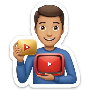 a happy man holding youtube golden play button sticker