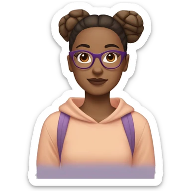 girl with tortoise shell square glasses, straight brown hair in a low bun, peach skin, and beige and purple sweatshirt sticker