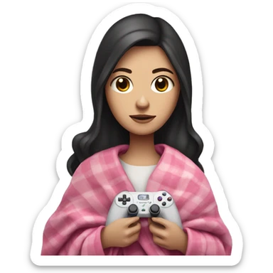 White girl with dark hair wrapped up in a blanket with a pink gaming controller in her hands sticker