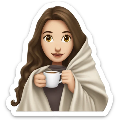 brunette white girl under blanket with coffee cup sticker