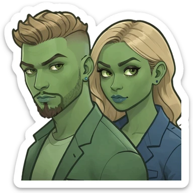 A light skinned gangster couple, both blue eyes. She has blond brown balayage and he has brown hair and a very short beard  sticker