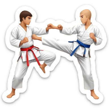 Two karate fighters in traditional gi sparring. One executes a high kick aimed at the opponent’s head, while the other blocks with a strong hand defense. The background features a classic dojo with wooden flooring and banners. Dynamic motion and focused expressions. Transparent background. sticker