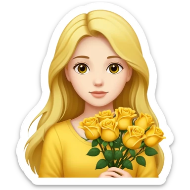 Beautiful girl with long hair holding a bouquet of yellow roses sticker