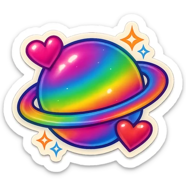 Planet with rainbow gradients, hearts, and sparkly details, Lisa Frank style, emoji sticker