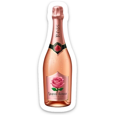bottle of sparkling rosé champagne with a rose logo on the label, tilted up and to the left, no glass sticker