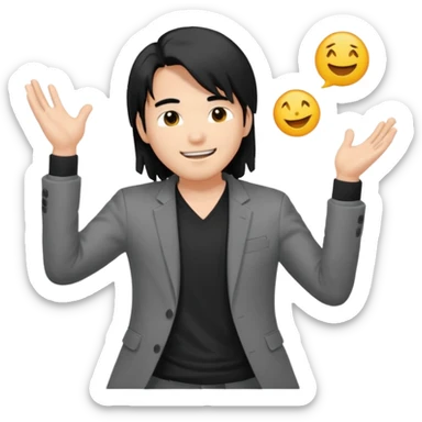 asian young man with long black hair falling on the forehead in grey blazer and black t-shirt smiling  sticker