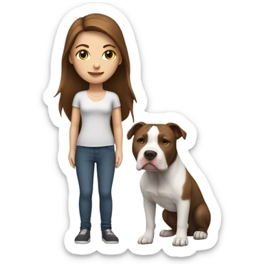 white woman with straight long brown hair standing alongside a white pitbull sticker