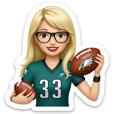 full length women wearing eagles uniform, long blonde hair, even bangs, black glasses, holding football, number 33, smiling, lipstick sticker