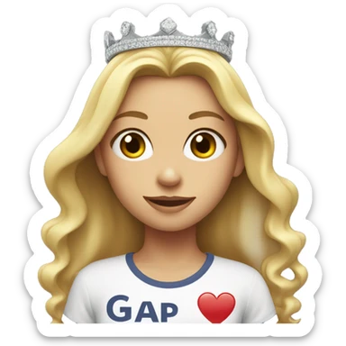 a blonde girl with a crown and a T-shirt that says GAP sticker