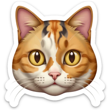 full body anxious looking colourful light calico tabby cat with hazel eyes  and half of face in brown tabby sticker