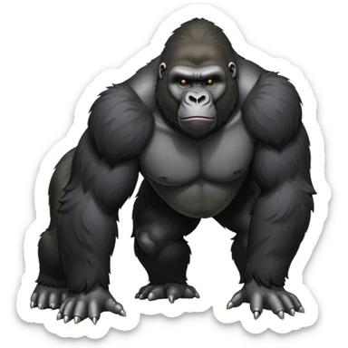 cinematic-gorilla-realistic-full-body-standing on all fours-emoji,-broad-and-powerful-frame-poised-with-confidence,-massive-arms-hanging-slightly-forward,-head-tilted-thoughtfully,-thick-black-fur,-deep-dark-eyes-full-of-intelligence,-simplified-yet-realistic sticker