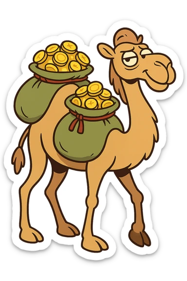 cartoon camel carrying bags of gold coins, flat modern style, bright saturated colors golds greens reds, minimal but expressive, universal look sticker