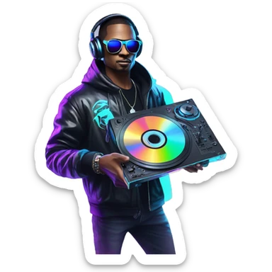 A dj wearing sunglasses playing music holding a cd record record, vinyl, oilslick holographic blacklight inverted graffiti dark dull sticker