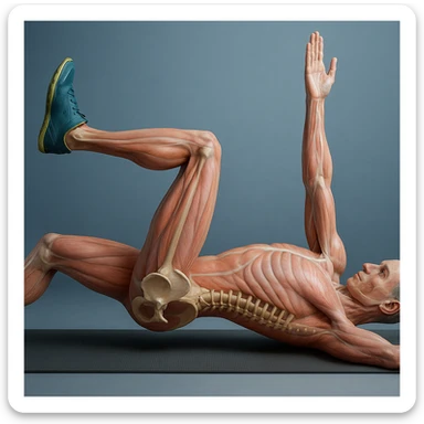 Edit the image of a man in dead bug position, side view, hyperrealistic anatomical 4K version: the arm on the ground is fully extended above the head, pelvis and spine bones visible, translucent muscles and skin, medical atmosphere, realistic anatomical details. Variant 8, slightly change the rotation of the torso. sticker