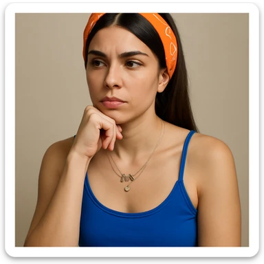 Create a hyperrealistic 4K image of a thoughtful woman, almost full figure, with her hand under her chin, inspired by the reference image. She has a reflective expression and a neutral background. This is variant 8 with a slightly changed torso tilt. sticker