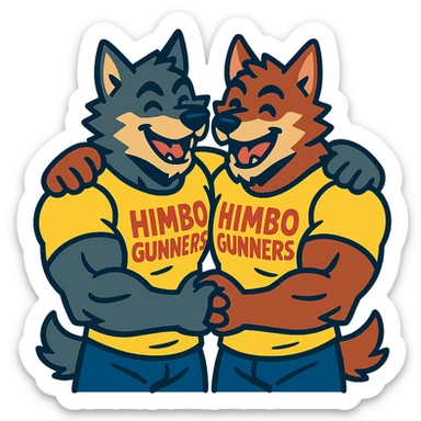 pair of muscular wolf furries wearing 'Himbo gunners' t-shirts, hugging, cheerful and energetic vibe sticker