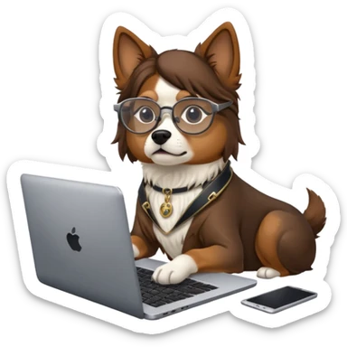 Dog with bayonetta glasses and a laptop, looking tired sticker