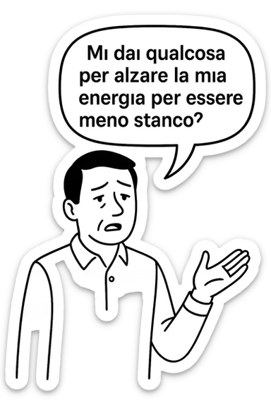 uomo che dice in una nuvoletta "mi dai qualcosa per alzare la mia energia per essere meno stanco?" sticker