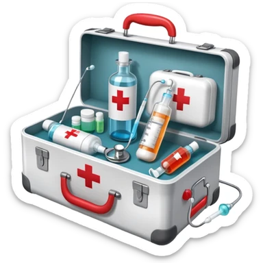 An icon featuring a medical suitcase with a red cross, a bottle of pills, a stethoscope, and a syringe, symbolizing medicine. The design includes a thermometer, bandages, representing healthcare and medical treatment. Transparent background highlights the science of healing. sticker