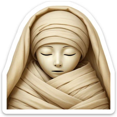 A snug, cozily wrapped mummy, fully encased in soft, slightly loose bandages, even its face gently hidden behind folds with only a tiny glimpse of sleepy eyes, nestled in warm, faded tones with gentle golden accents, simplified yet irresistibly charming, highly detailed with a soft glowing outline capturing the peaceful aura of an ancient being drifting into rest! sticker